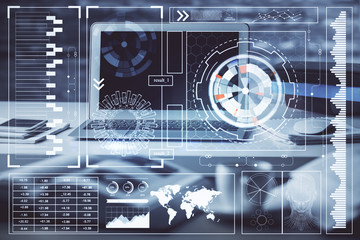 Technology theme drawing and table with computer. Multi exposure. Concept of information.