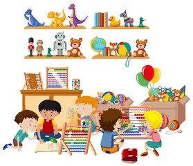 Scene with many kids playing toys in the room