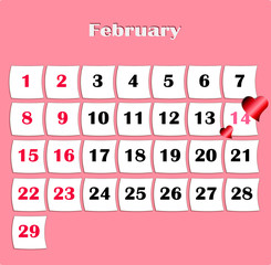 calendar for February 2020. On a pink background highlighted February 14 Valentine's Day