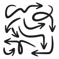 black curved sketch arrows set, brush arrows