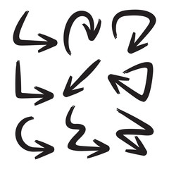 black curved sketch arrows set, brush arrows