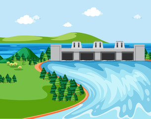 Diagram showing dam and river - obrazy, fototapety, plakaty