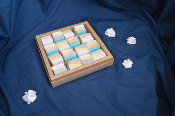 Colours marshmallows in a box for present. Sweet handmade