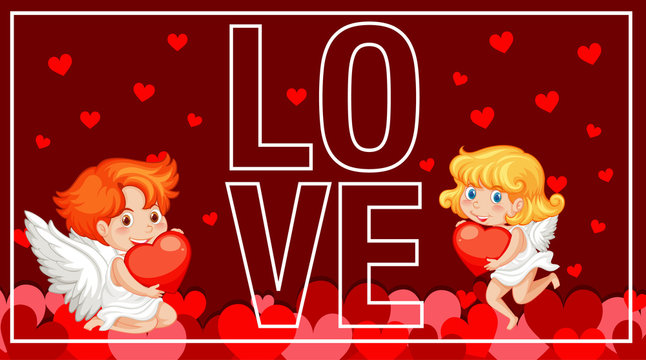 Valentine card design with cupids and red hearts