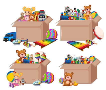 Set of boxes full of toys on white background