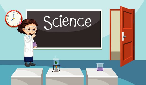 Scene with science teacher standing in classroom