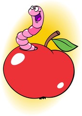 Apple with a sticking out worm
