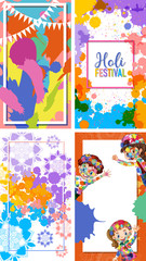 Four frame designs for holi festival in india with colorful background