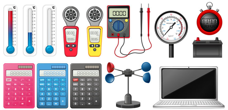 Set of measuring devices on white background