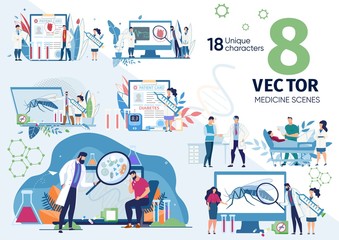 Viral Infection Symptoms, Vaccination Against Dangerous Diseases, Malaria Treatment, Diagnostics Technologies Trendy Flat Vector Scenes, Concepts Set. Hospital Doctor, Sick Patients Illustrations