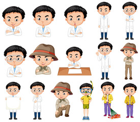 Set of boy in different costumes in many actions