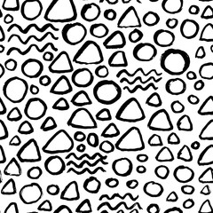 Grunge ink brush circles seamless black and white pattern. Vector illustration.