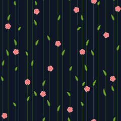 simple green leaves and branches with pink flowers. floral seamless pattern. dark blue repetitive background. textile paint. fabric swatch. wrapping paper. continuous print. vector design element