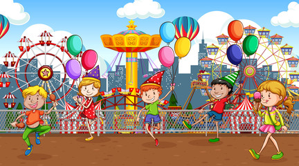Scene with many children playing in the circus park