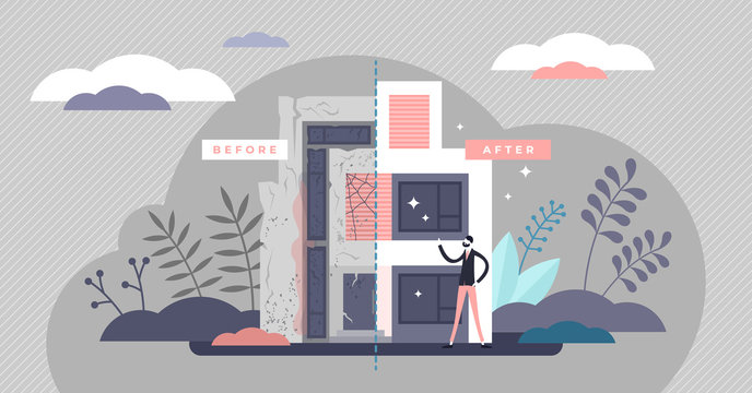 Flipping houses concept, flat tiny person vector illustration