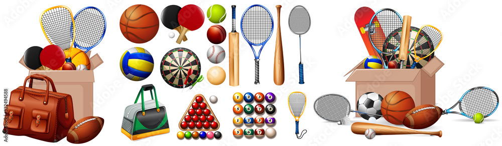 Sticker set of sport equipments on white background