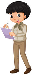 Boy in safari uniform writing notes on white background