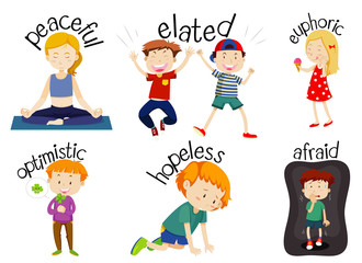 Set of children doing activities with adjectives