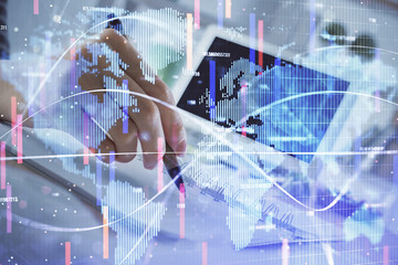 International business hud over woman's hands writing background. Concept of hard work. Double...