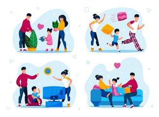 Happy Family Home Leisure and Relax Trendy Flat Vector Concepts Set. Parents with Children Fooling Around, Playing Video Games, Watering Plants at Home, Resting Together on Sofa Isolated Illustrations