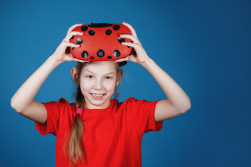 Girl plays with virtual reality glasses