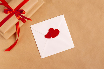 Top view of envelope with presents for valentines day