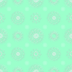 Vector seamless symmetrical background with bright white mandalas on light turquoise backdrop. Beautyful retro tiling in oriental style for wrapping, decoration, print.