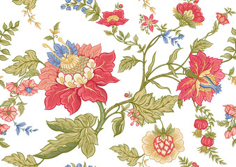 Seamless pattern with stylized ornamental flowers in retro, vintage style. Jacobin embroidery. Colored vector illustration isolated on white background. © Elen  Lane