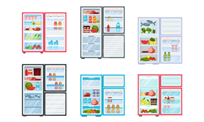 Open Refrigerator with Fresh Food Inside Vector Set
