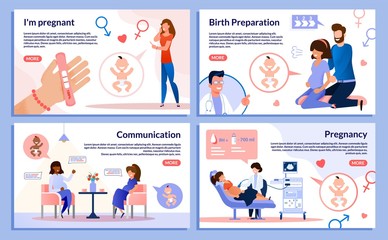 Medical Services or Labs, Online Courses for Pregnant Women Trendy Flat Vector Web Banner, Landing Page Set. Woman Doing Pregnancy Test, Meeting Friend, Doing Exercises, Visiting Doctor Illustration