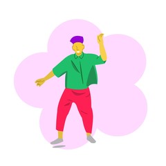 a brightly dressed young man character dancing.vector illustration