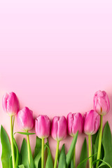 Tulips with copy space. Bouquet of pink tulips on a pink background. Spring composition. March 8. Mother's day background. Card with flowers. Valentine's day. Spring concept. Holiday, spring layout.