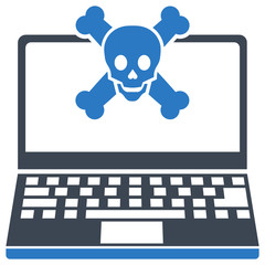 Cyber Attack on laptop concept, Online security and protection, criminal hacker spies in internet. danger vector Icon, Crossbone and Skull with PC on white background