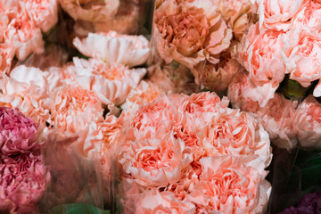 Flower carnation bouquets backgrounds of bright variety of colors, beautiful details in one bouquet. Selective focus