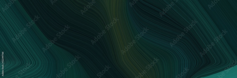 Poster flowing horizontal banner with very dark blue, teal green and dark slate gray colors. dynamic curved lines with fluid flowing waves and curves