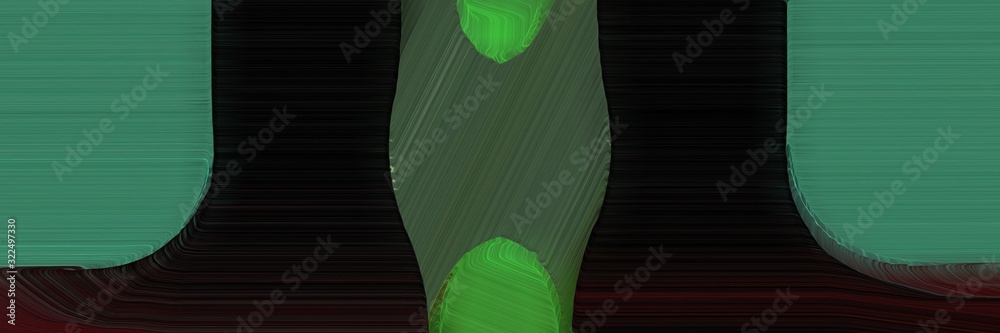 Poster surreal banner design with very dark green, black and sea green colors. dynamic curved lines with fl