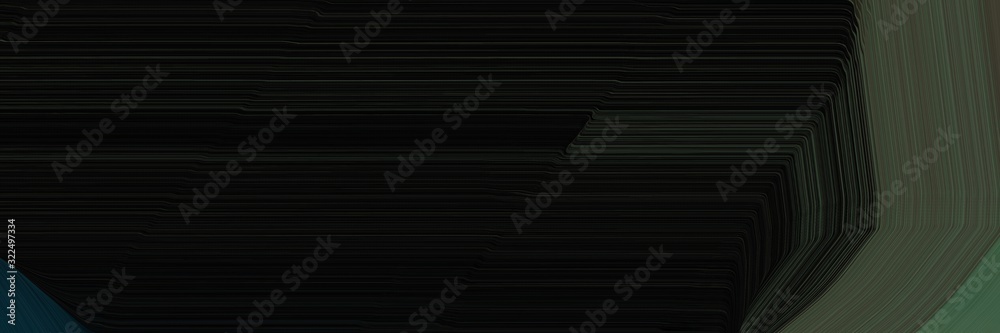 Poster surreal horizontal banner with black, dark slate gray and very dark blue colors. dynamic curved lines with fluid flowing waves and curves