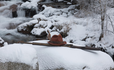 rifle and hunting hat in the winter forest
