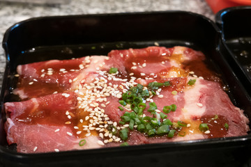 Close up of Sliced pork to grill or cook for Sukiyaki dish