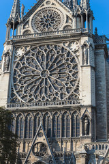 Paris, France - 08/22/2018: Notre Dame de Paris cathedral close up; Fresco of Notre Dame cathedral