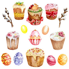 Watercolor Easter set of illustrations. Eggs, Easter cakes, willow