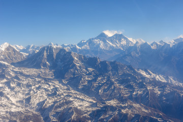 Fototapeta na wymiar Himalayas ridge with Mount Everest aerial view from Nepal country side