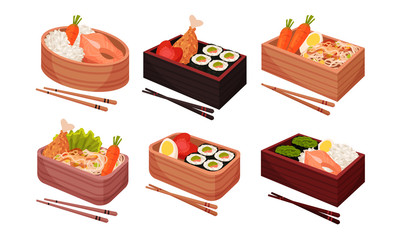 Asian Dishes Served on Platter with Chopsticks Resting Nearby Vector Set