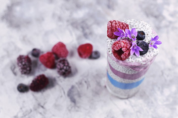 Obraz na płótnie Canvas Layered smoothie with natural colored fruit and healthy chia seed pudding in drinking glass