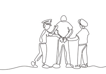 Continuous line drawing. Police officer placing handcuffs on prisoner. Criminal theme one hand drawn sketch design.