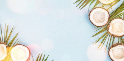 Tropical green leaves palm fronds and coconuts