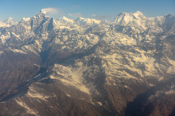 Himalayas ridge with Mount Gaur Shankar and Melungtse aerial view from Nepal country side