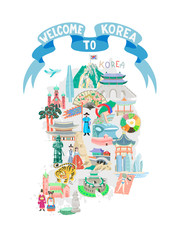 welcome to Korea blue ribbon poster with map and hand drawing symbols icon