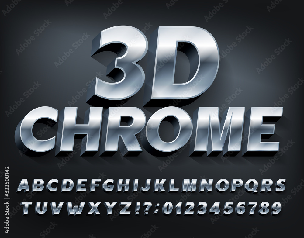 Fototapete 3d chrome alphabet font. metallic letters and numbers with shadow. stock vector typescript for your 