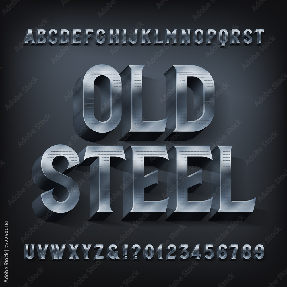Fototapete old steel alphabet font. 3d metal letters and numbers. stock vector typescript for your design.